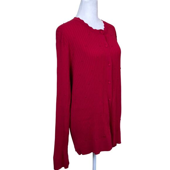 Ann Taylor Sz XXL Red Textured Ribbed Knit Stretchy Cardigan Scalloped Neck Cute - Picture 5 of 16